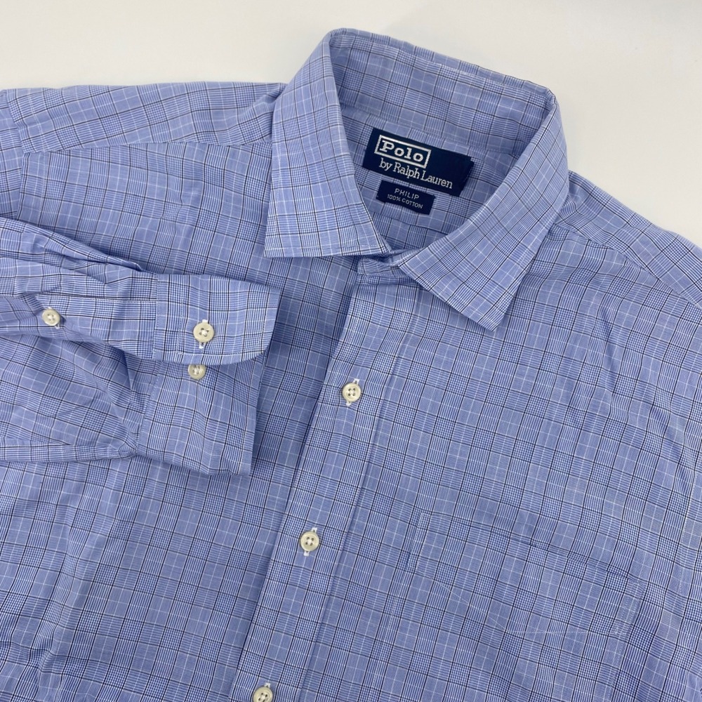 Polo Ralph Lauren Shirt Mens 15.5 32/33 Blue Plaid Philip Cotton Button Down